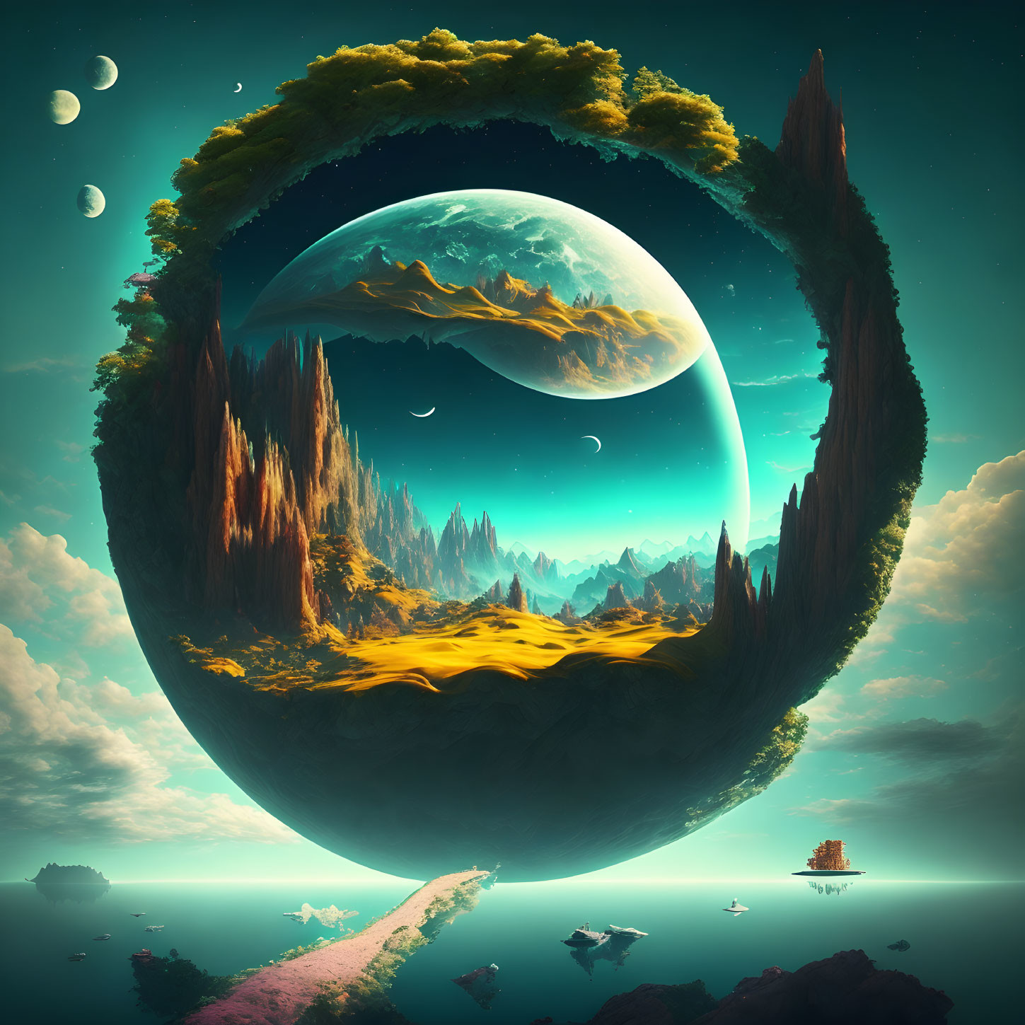 Surreal landscape with ring-shaped landmass, mountains, forest, and cosmic sky over ocean
