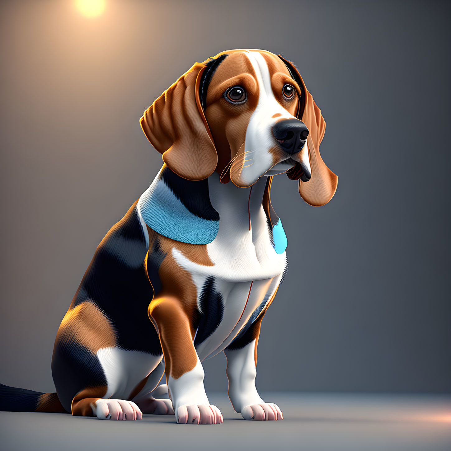 Cartoon-style 3D beagle illustration on grey background