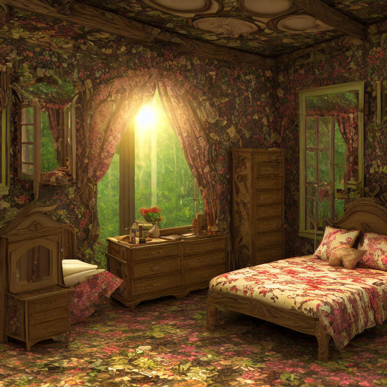 Floral-patterned bedroom with wooden furniture and morning light