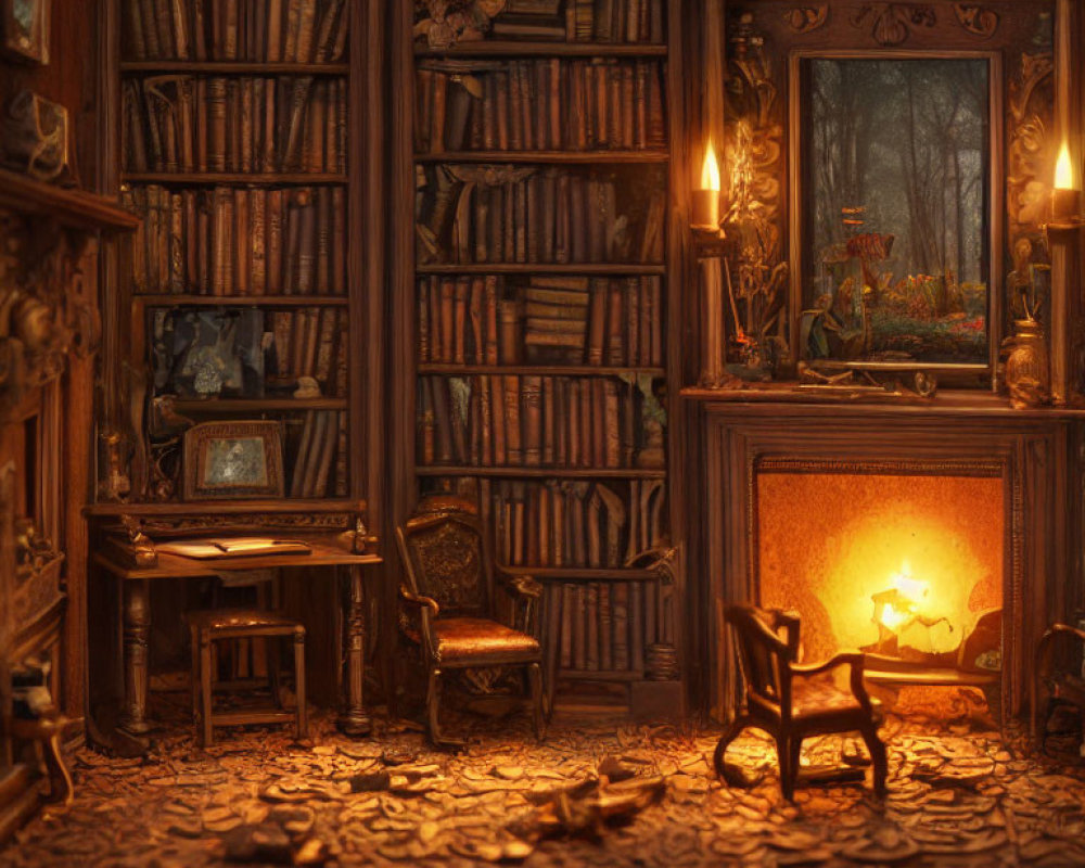 Dimly-lit Study Room with Fireplace and Forest View
