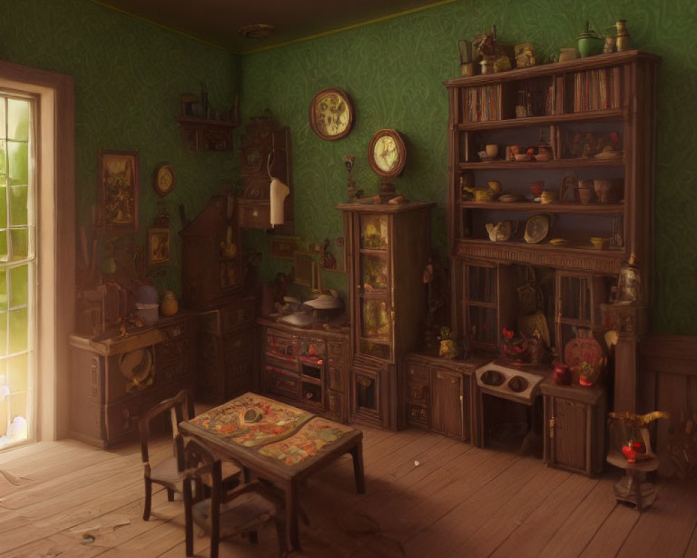 Vintage Room with Wooden Furniture, Floral Carpet, Bookshelves, Clocks