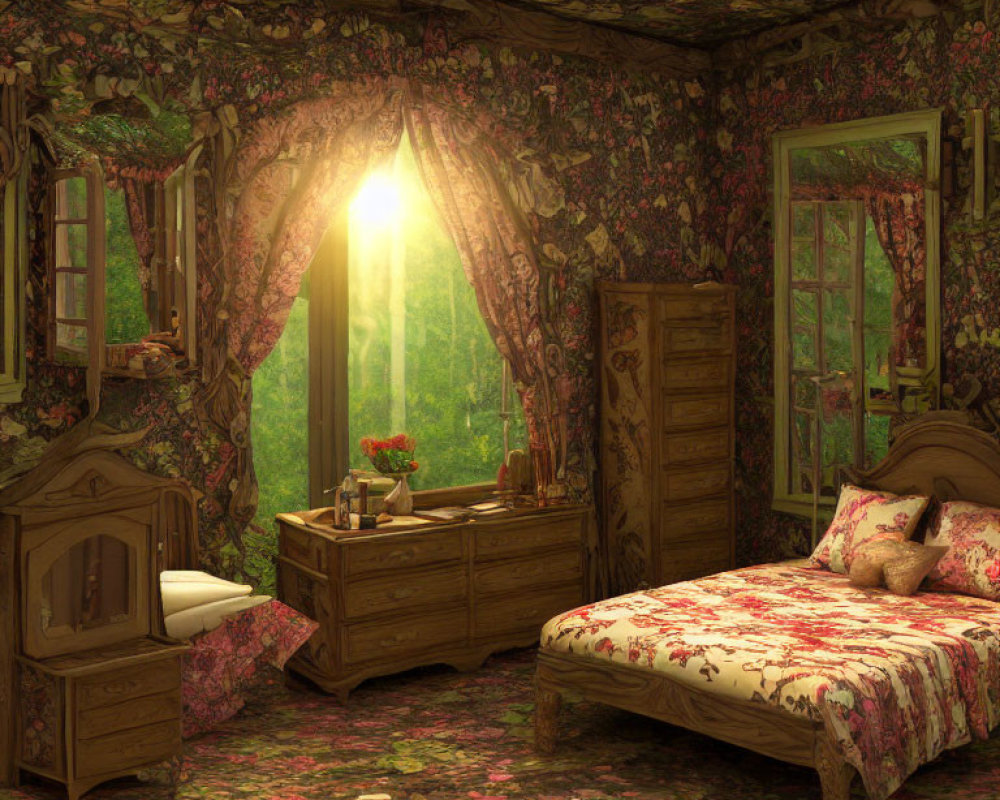 Floral-patterned bedroom with wooden furniture and morning light