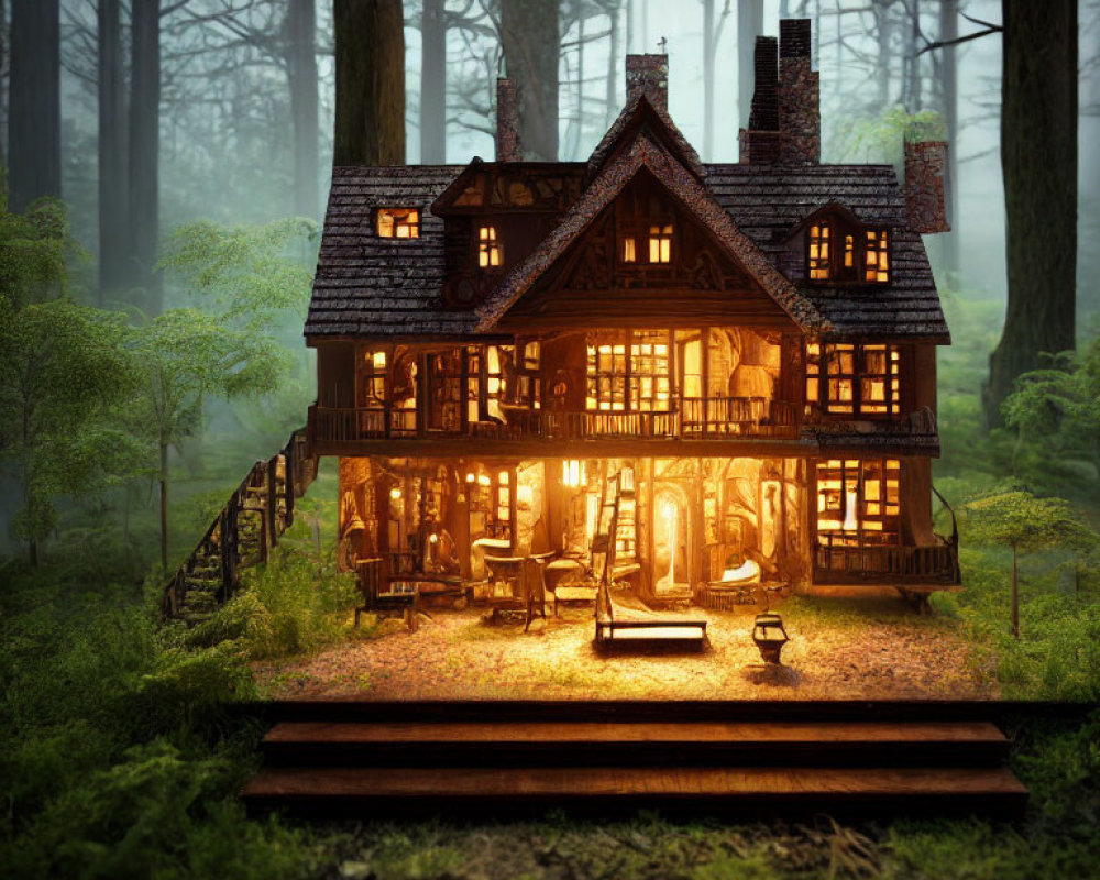 Two-story illuminated cabin in misty forest at dusk