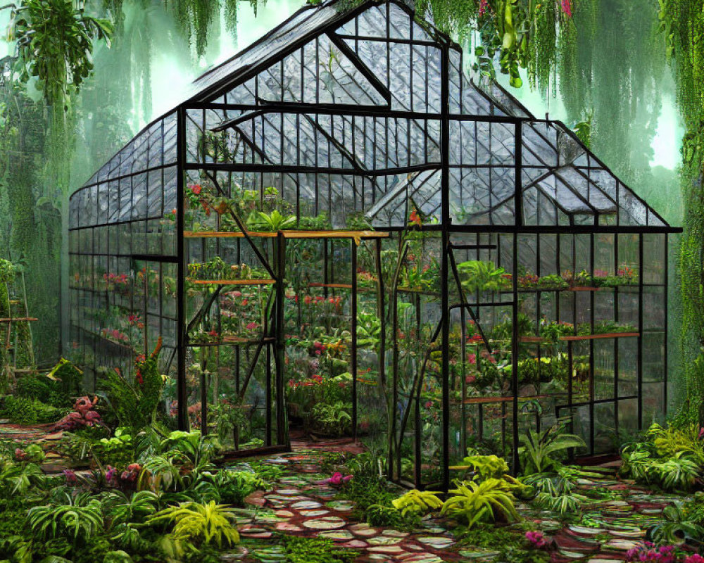 Greenhouse filled with lush plants, ferns, and flowers against misty backdrop