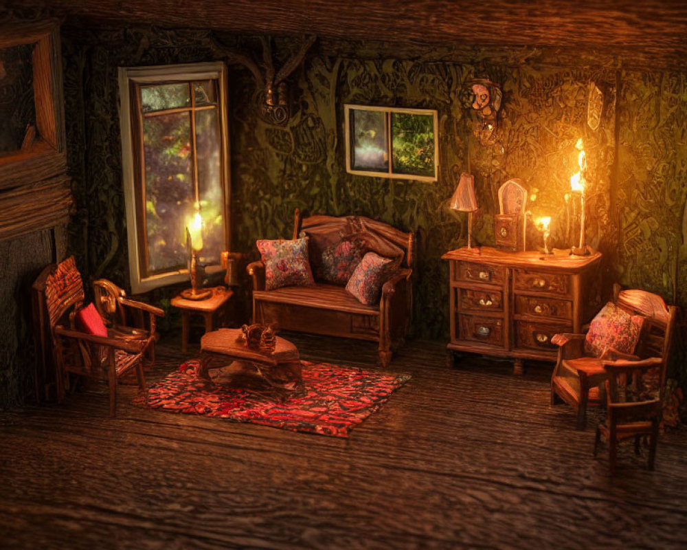 Rustic room with wooden furniture, patterned rug, wall paintings, candles, and soft light