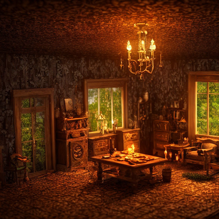 Vintage Room with Wooden Furniture, Chandelier, and Sunlight