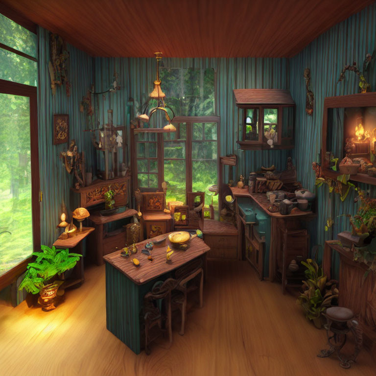 Rustic kitchen with wooden furniture, vintage utensils, lantern light, forest view
