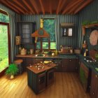 Rustic kitchen with wooden furniture, vintage utensils, lantern light, forest view