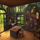 Rustic woodland-themed room with arched windows and forest view