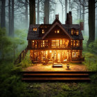 Miniature house in dimly lit forest with dense trees and green foliage