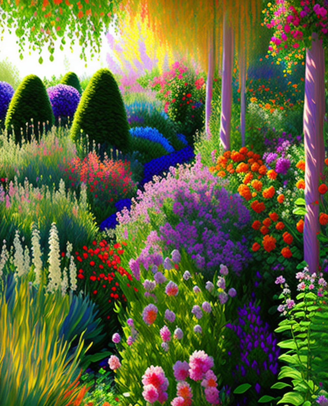 Lush Garden Scene with Colorful Flowers and Shrubs in Sunlight