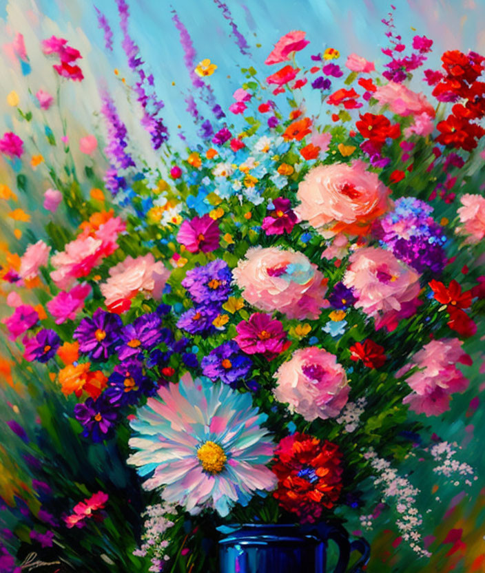 Colorful Bouquet Painting with Pink Roses in Blue Vase