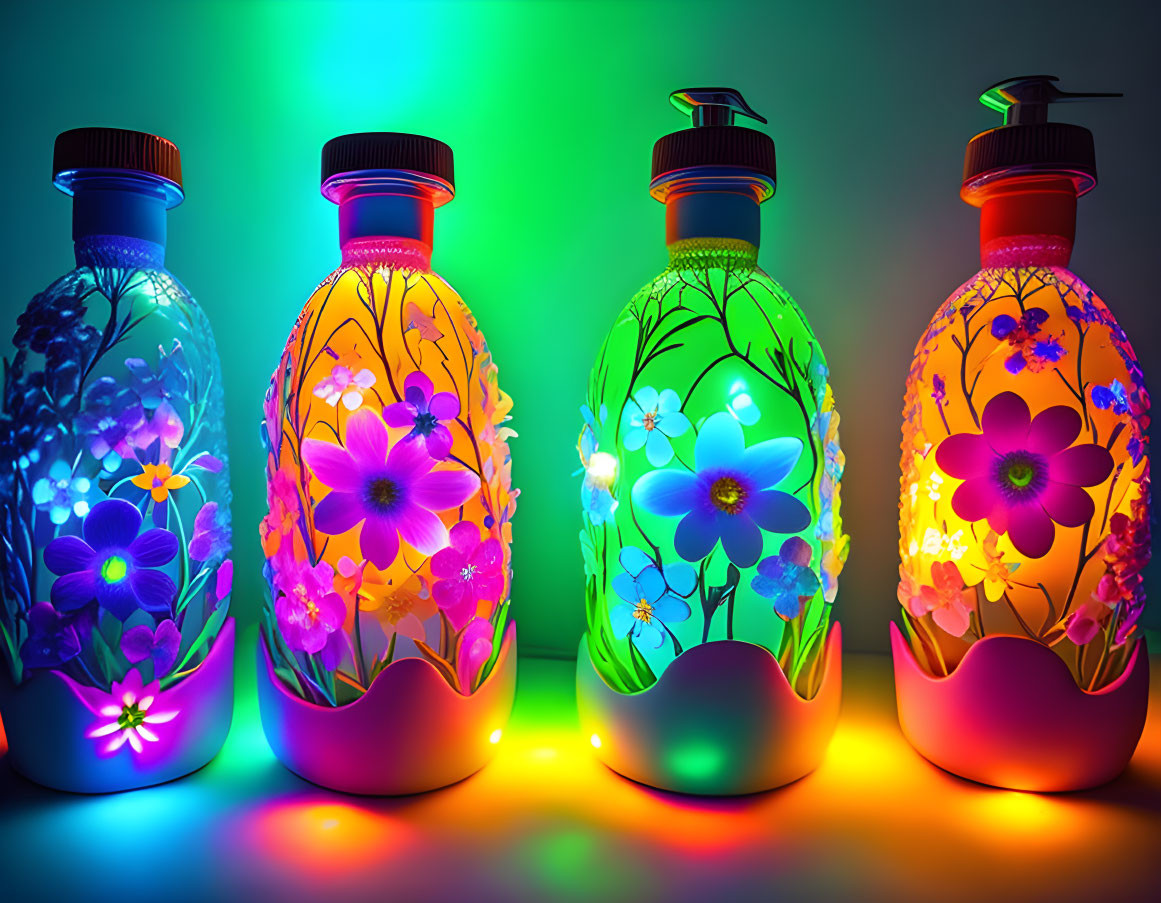 Vibrant Floral Patterned Decorative Bottles on Colorful Background