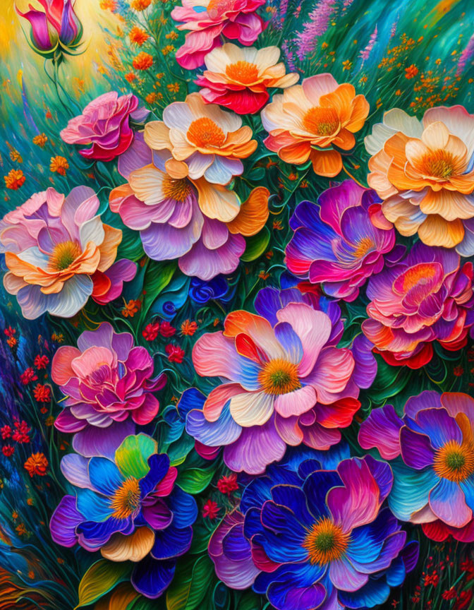 Colorful Stylized Flower Painting with Rich Textures and Luminous Background