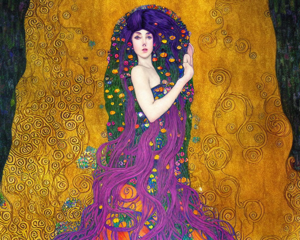 Purple-haired woman in swirling pattern with golden floral backdrop