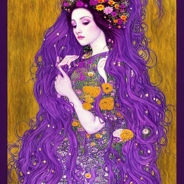 Illustration of woman with long purple hair and floral dress on gold background