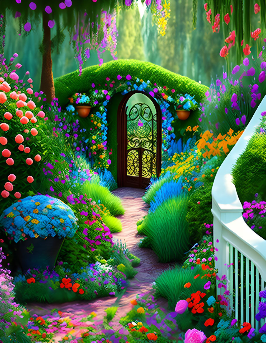 Colorful garden path with lush greenery and flowers leading to ornate gate