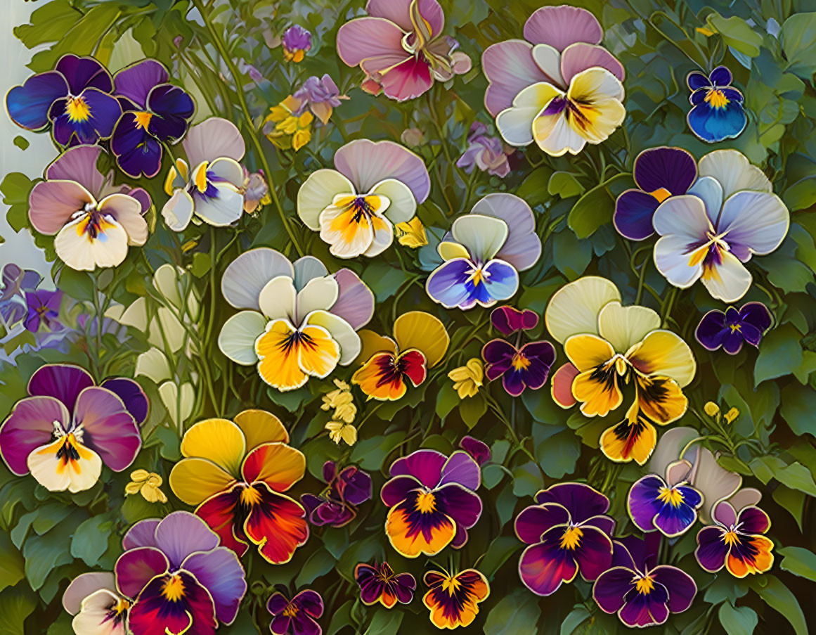 Colorful Pansies in Purple, Yellow, White, and Blue on Green Background