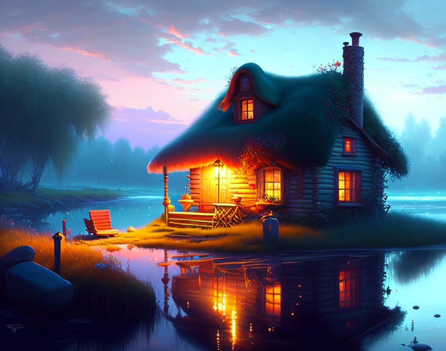 Thatched Cottage at Twilight by Serene Lake
