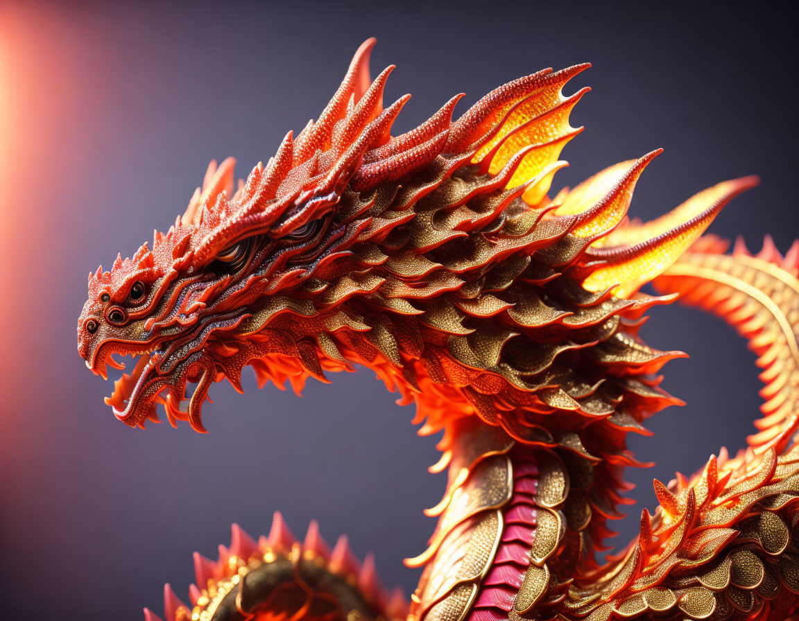 Detailed Chinese Dragon Statue in Vibrant Red and Gold
