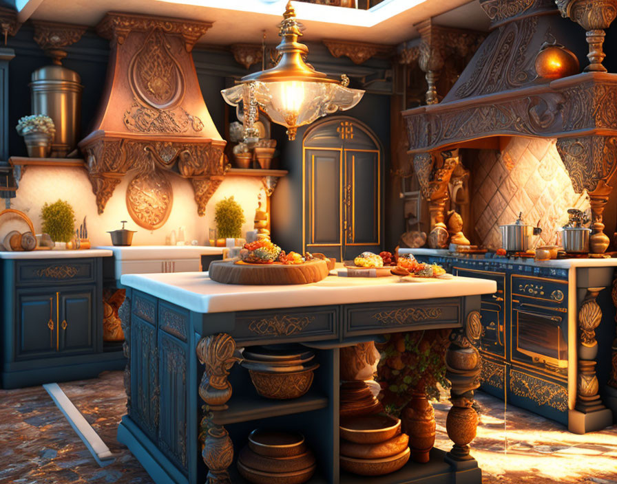 Luxurious Blue and Gold Kitchen Interior with Central Island and Hanging Lamps