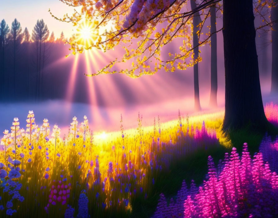 Sunlit scene with sunbeams, purple wildflowers, and misty forest.