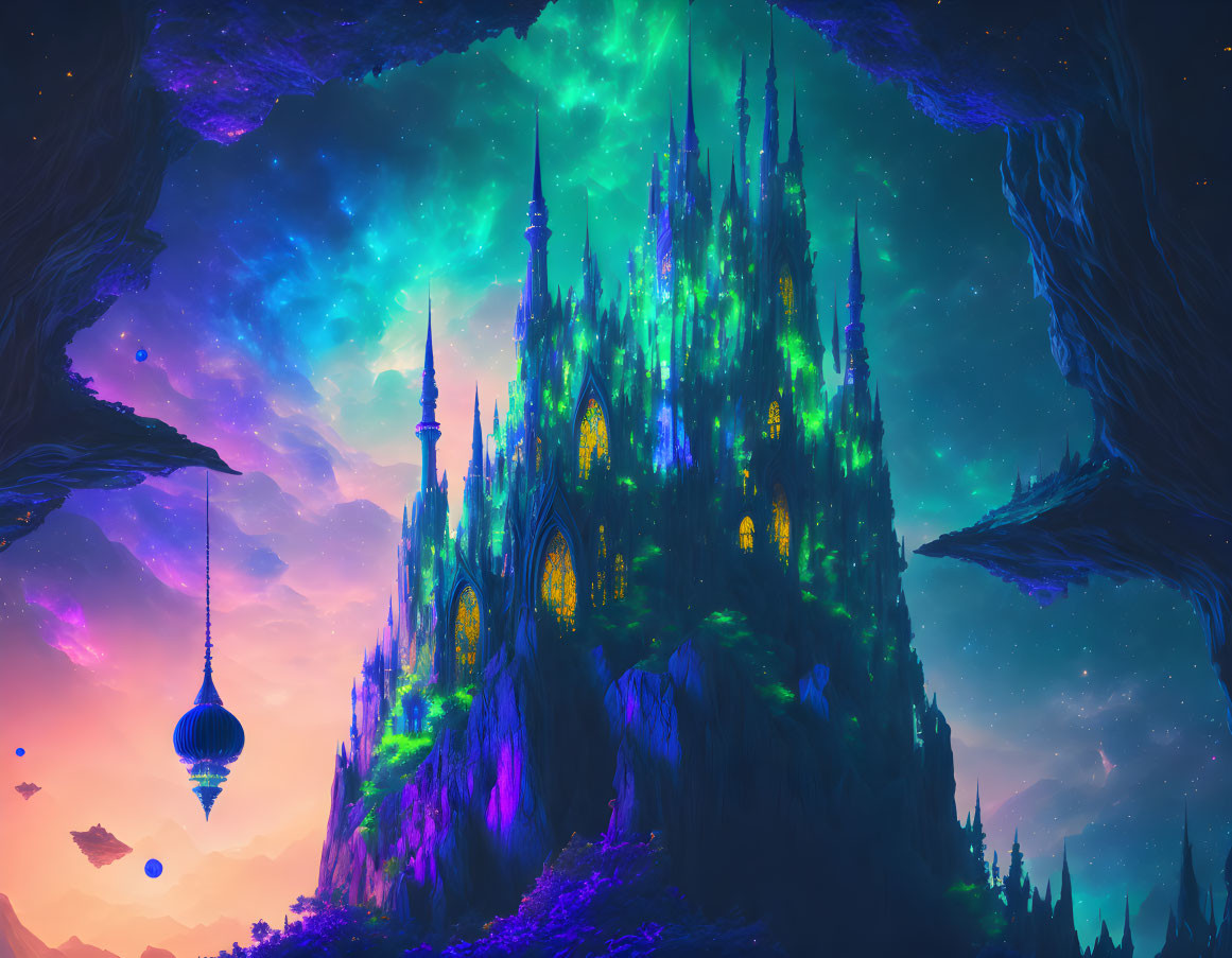 Fantasy landscape with illuminated castle, starry sky, aurora hues, floating islands