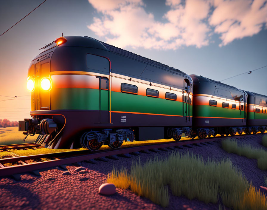 Streamlined Passenger Train at Sunset on Tracks in Field with Hazy Sky