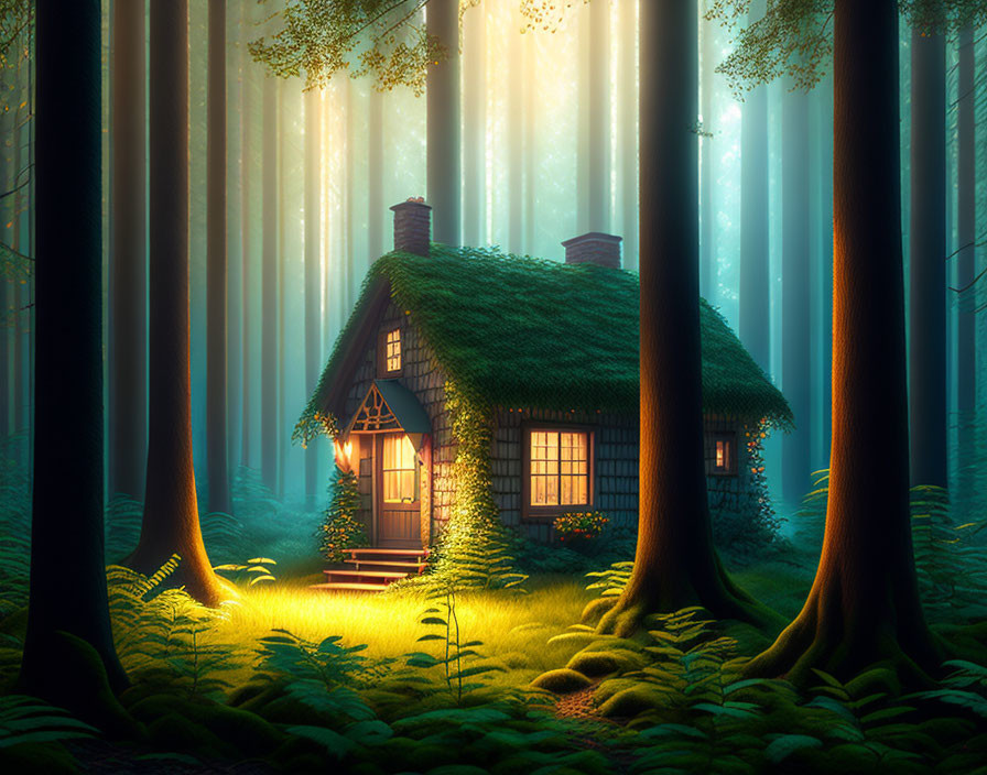 Moss-Covered Roof Cottage in Sunlit Forest Clearing