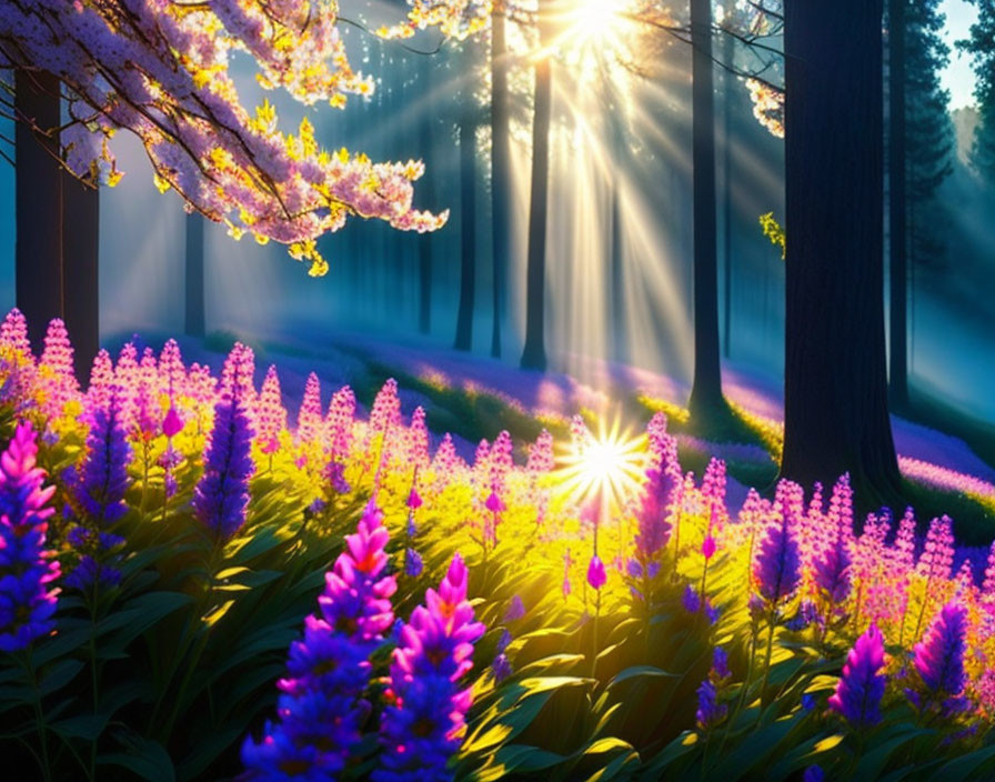 Forest scene with sunlit lupines and cherry blossoms