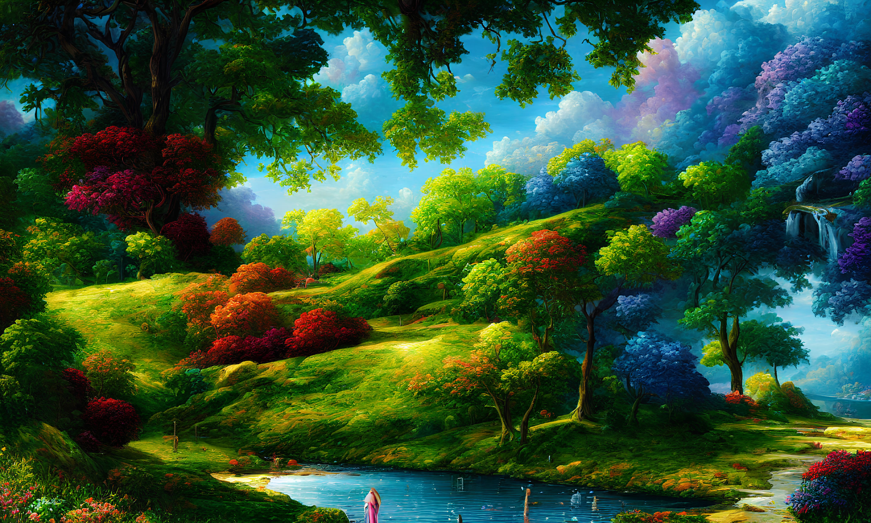 Colorful Landscape with Green Hills, Blue Pond, and Figure in Pink
