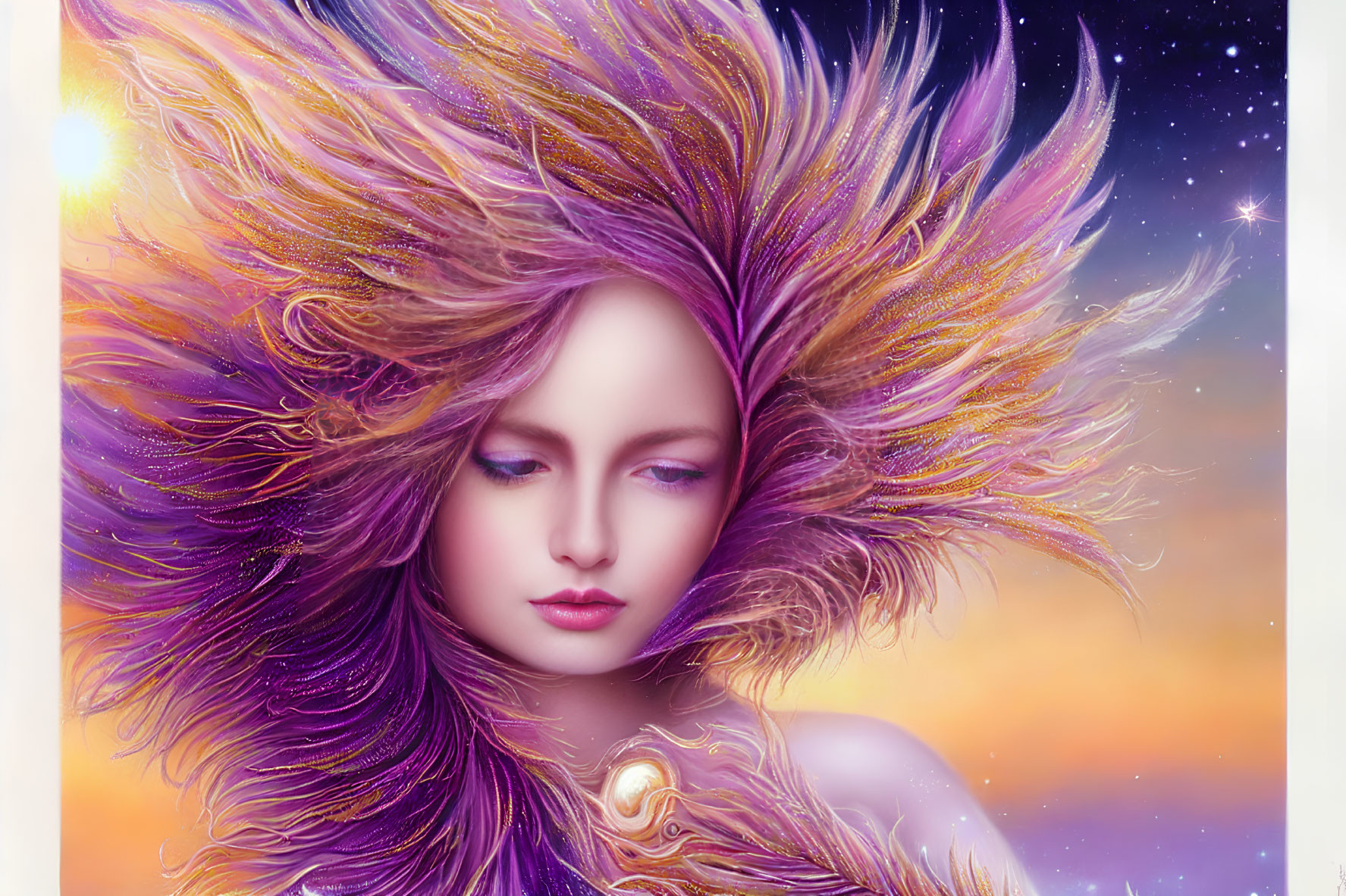 Ethereal woman with flowing purple hair in cosmic background