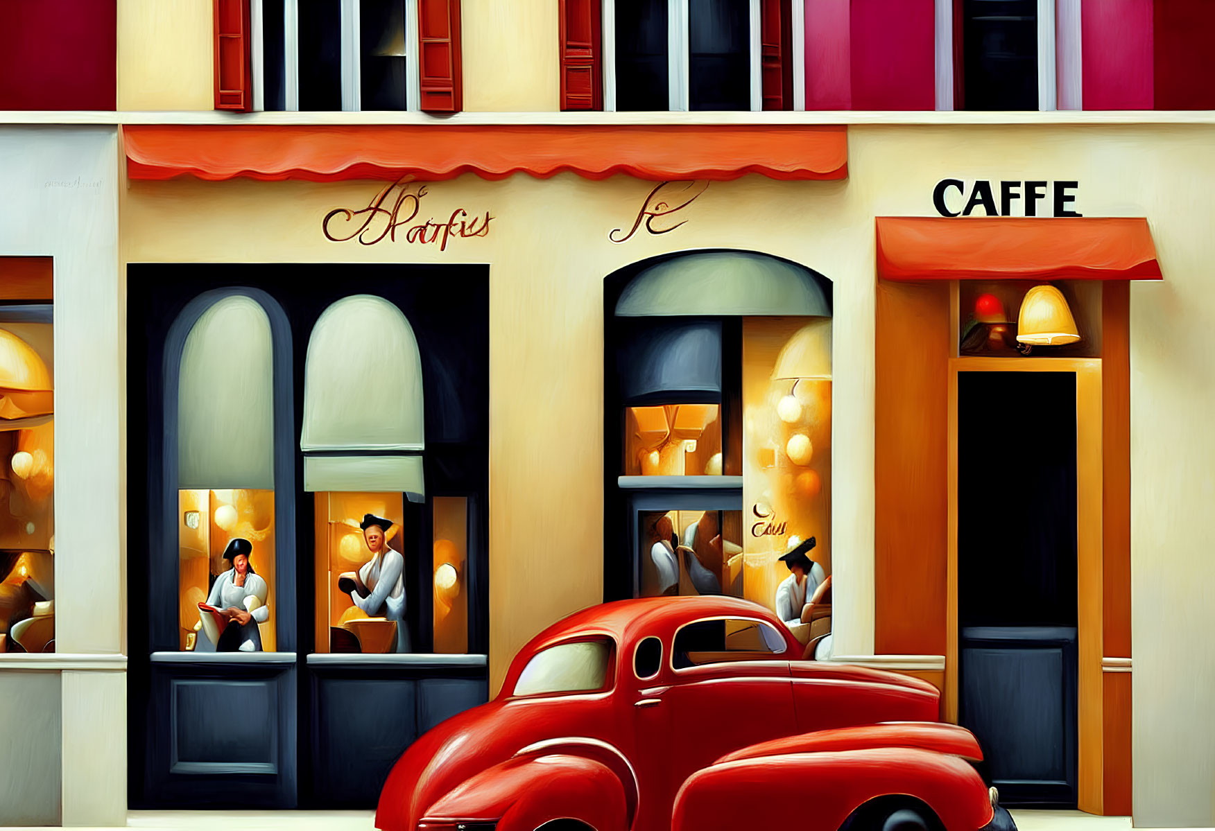 Vibrant street scene with red car outside cafe and people inside.
