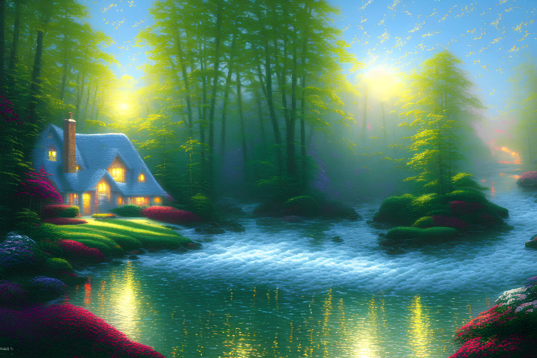 Enchanting cottage in magical forest with glowing windows