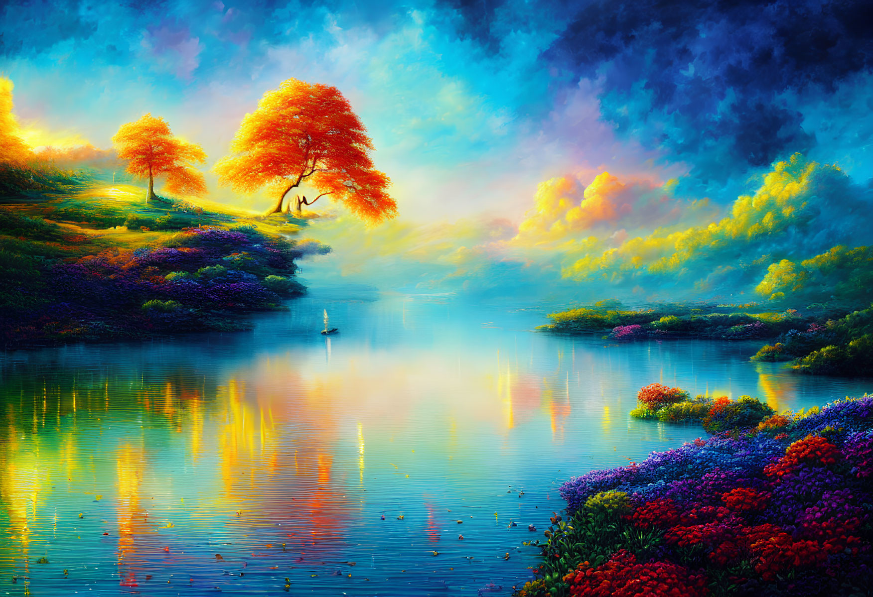 Colorful Landscape with Serene Lake and Autumn Trees