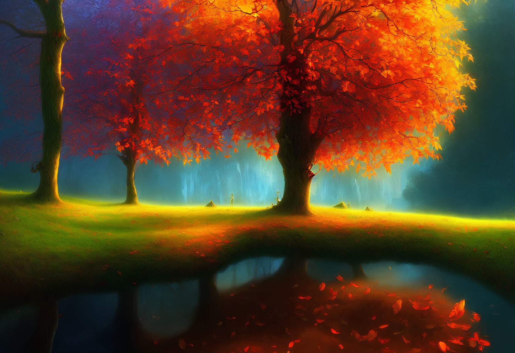 Colorful autumn trees and pond reflection in serene forest setting.
