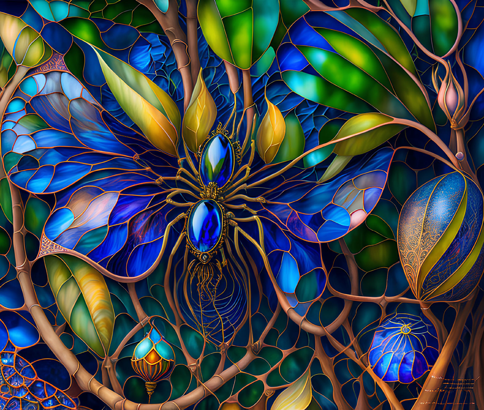 Colorful Stained Glass-Inspired Digital Artwork with Abstract Floral Design