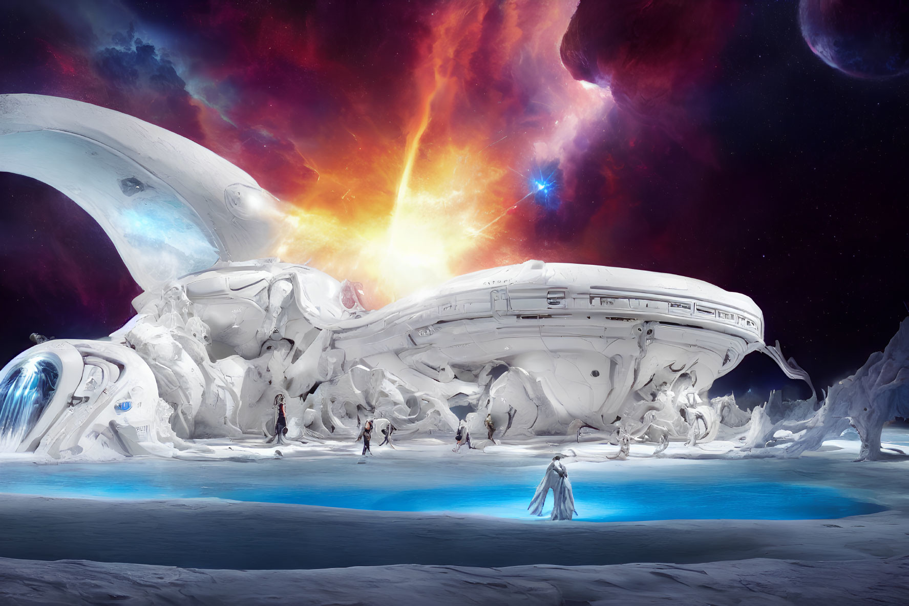 Futuristic organic spaceship on icy alien landscape with human figures