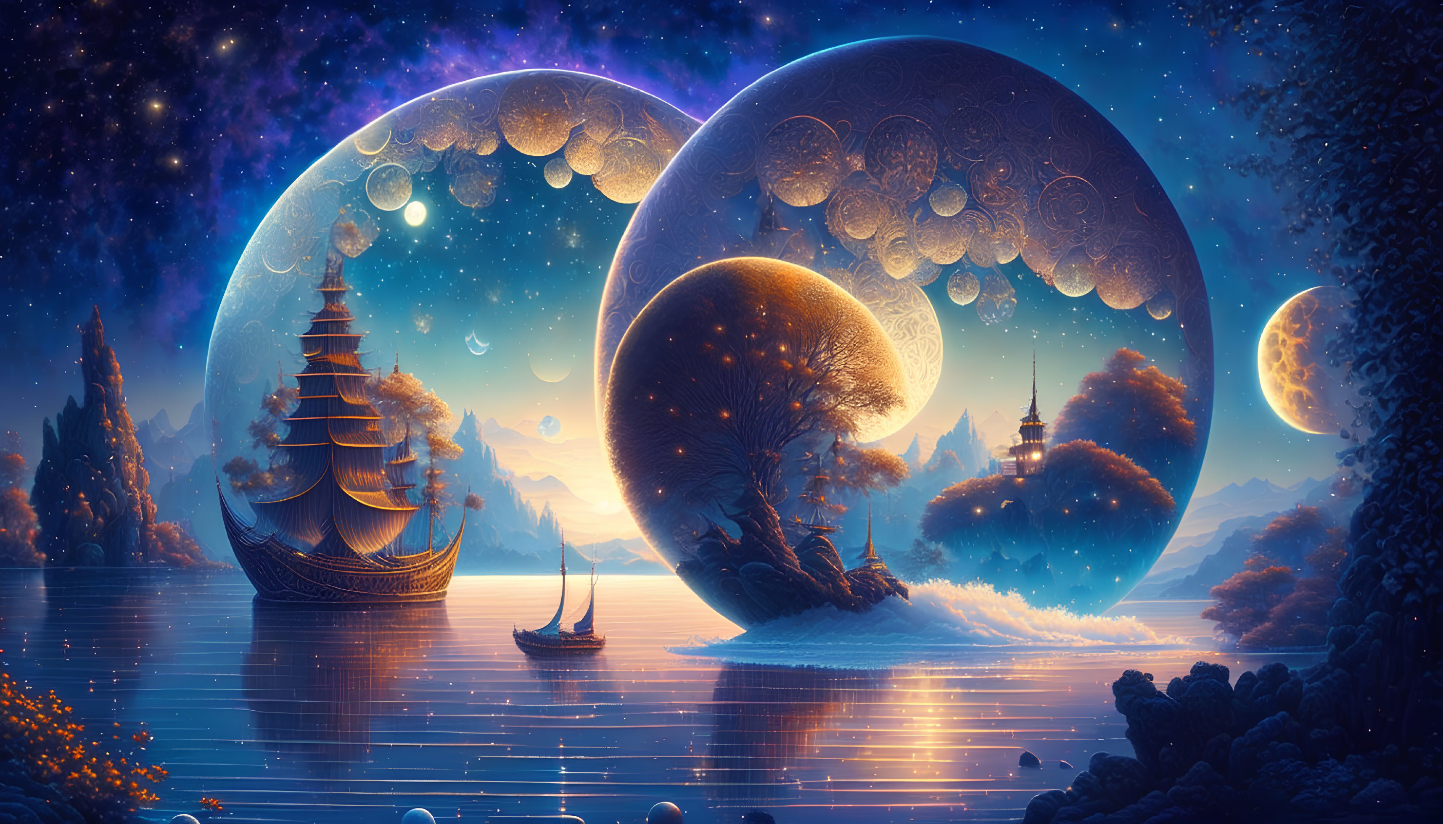 Vibrant surreal fantasy landscape with sailboat, cosmic orbs, and ethereal trees