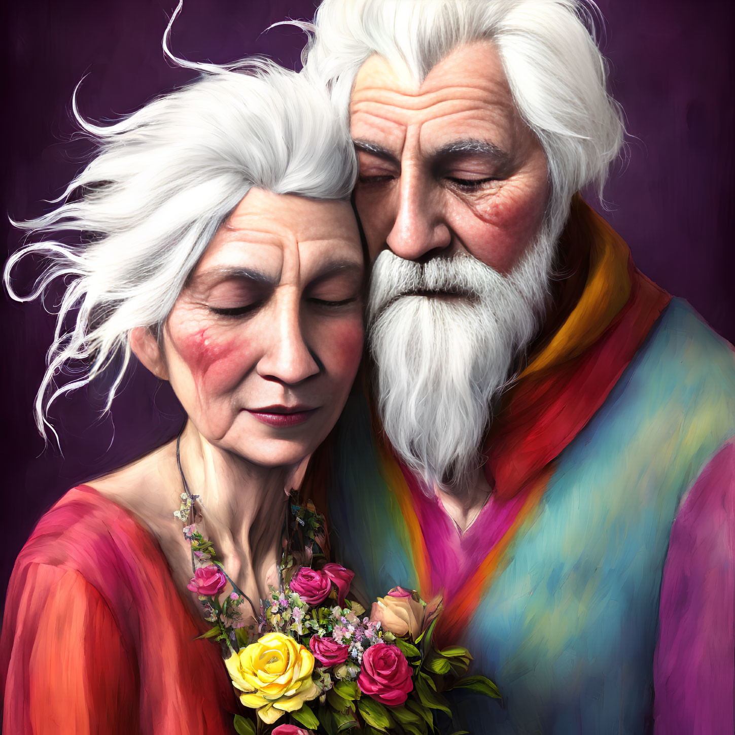 Elderly couple with white hair embracing, woman holding flowers.