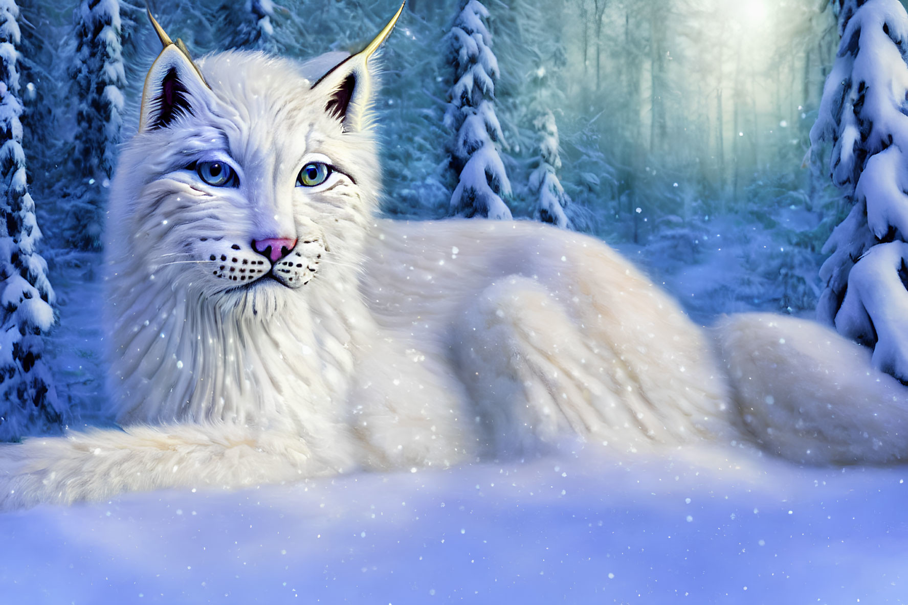 Majestic white lynx with blue eyes in snowy forest