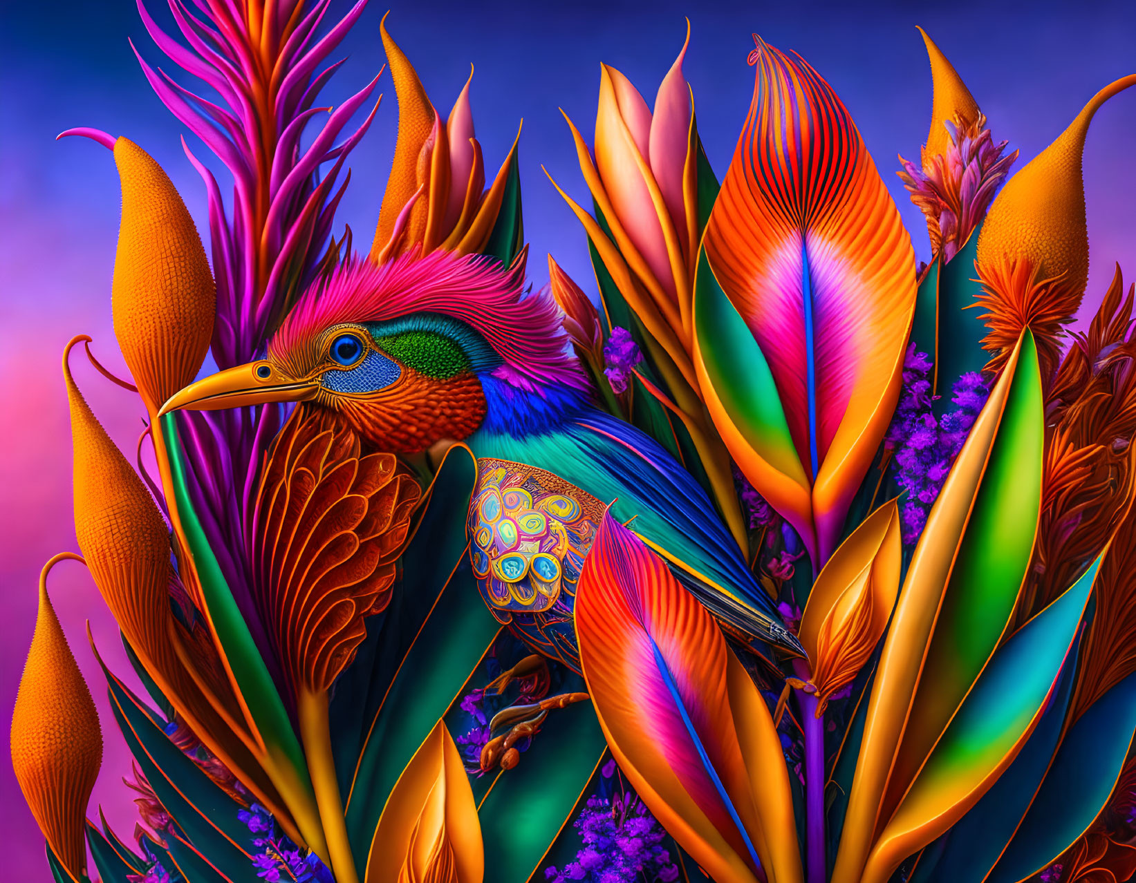 Colorful Stylized Bird in Exotic Plant Setting with Purple Sky