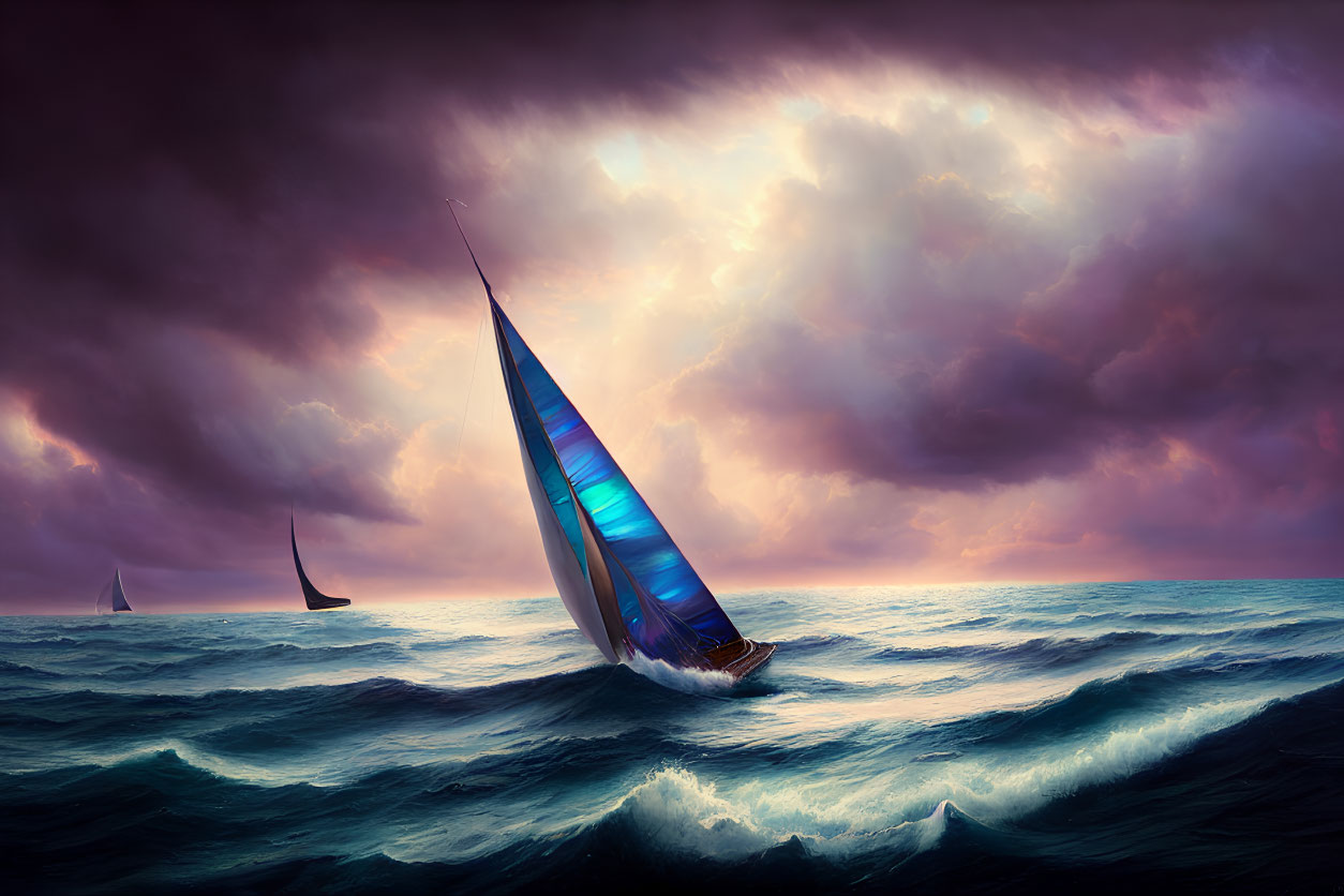 Sailboat with blue sail in stormy waters at sunset