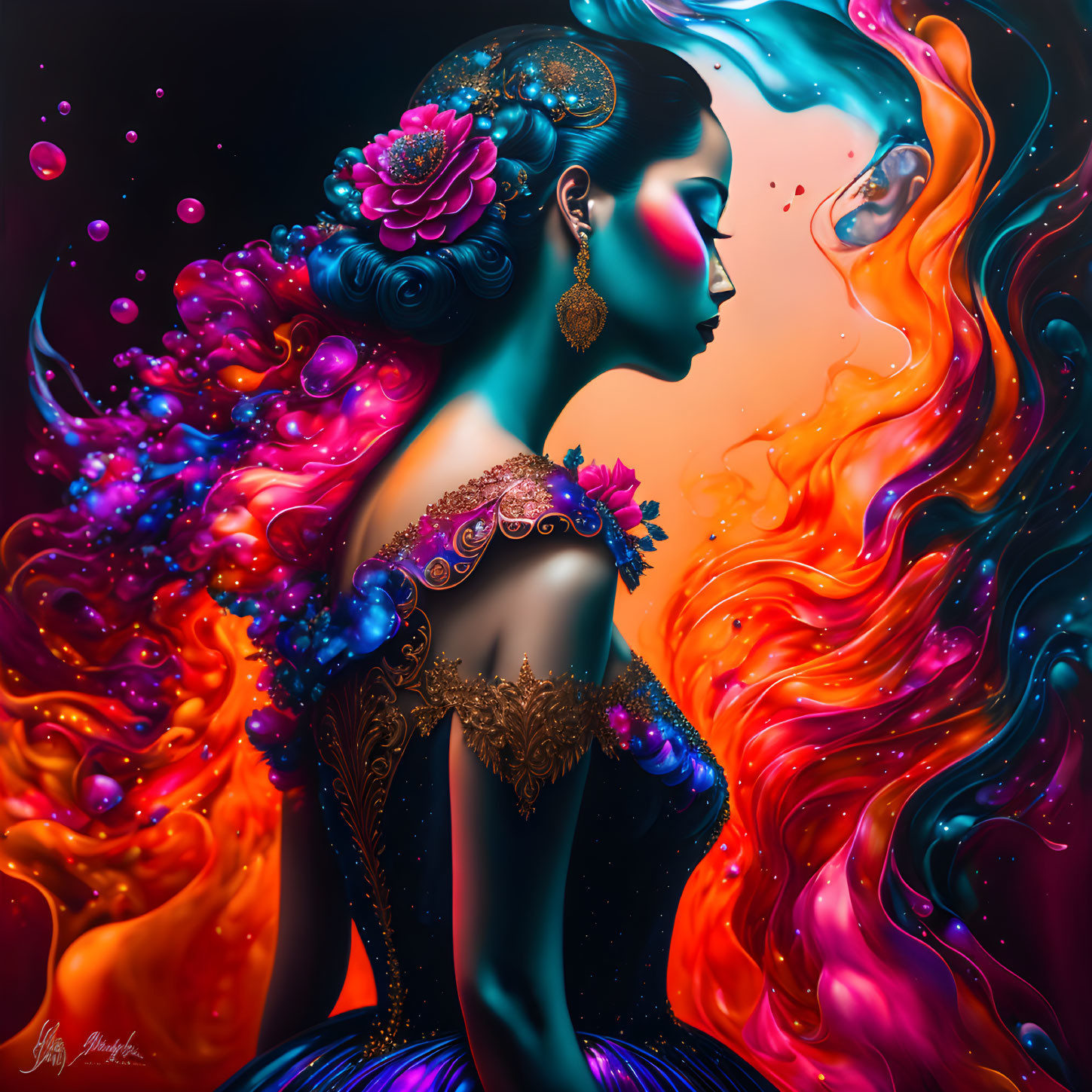 Colorful digital artwork: Woman profile with flowing fiery colors