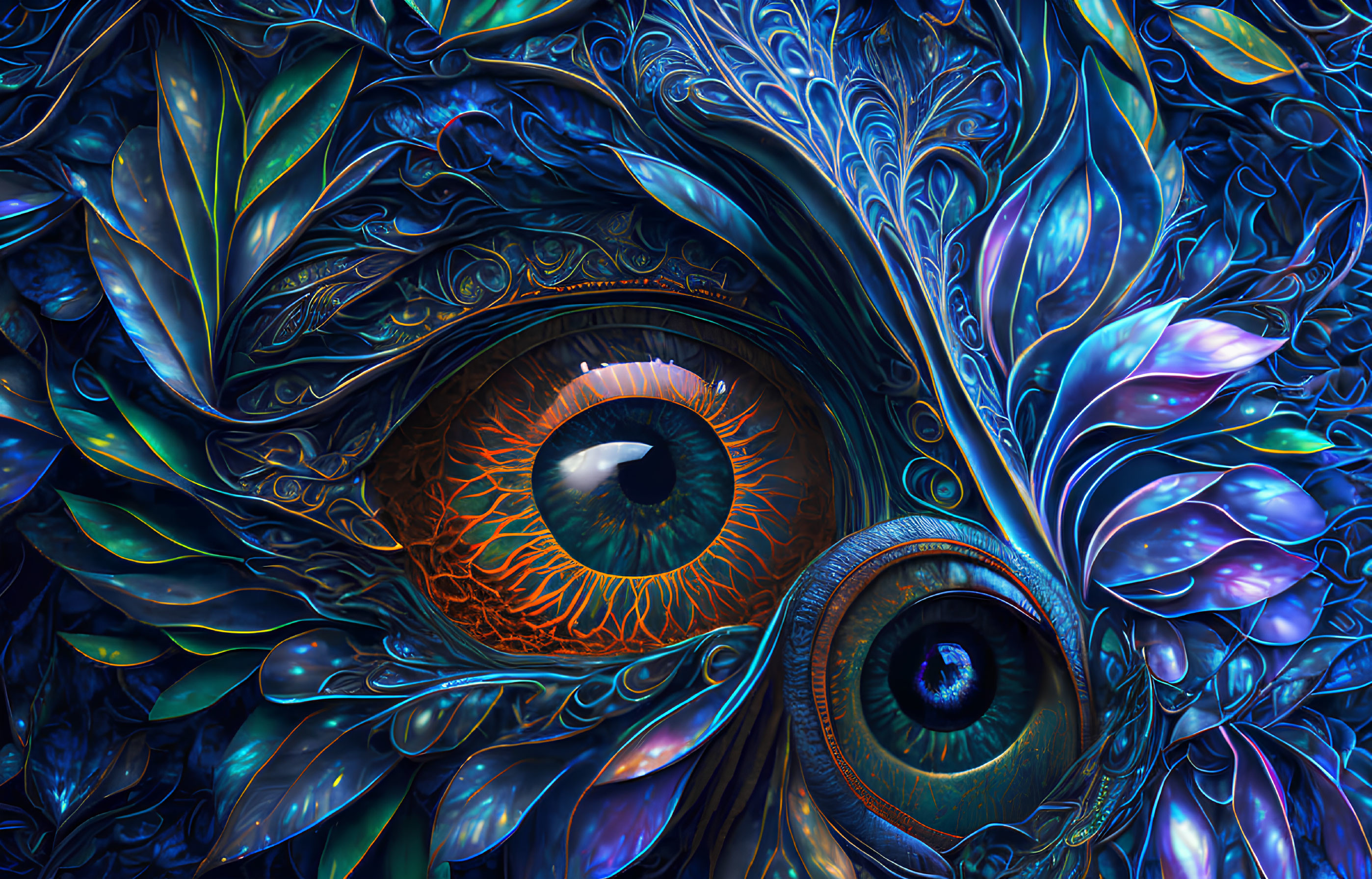 Colorful digital artwork of human eye with leaf-like patterns in blue and orange.