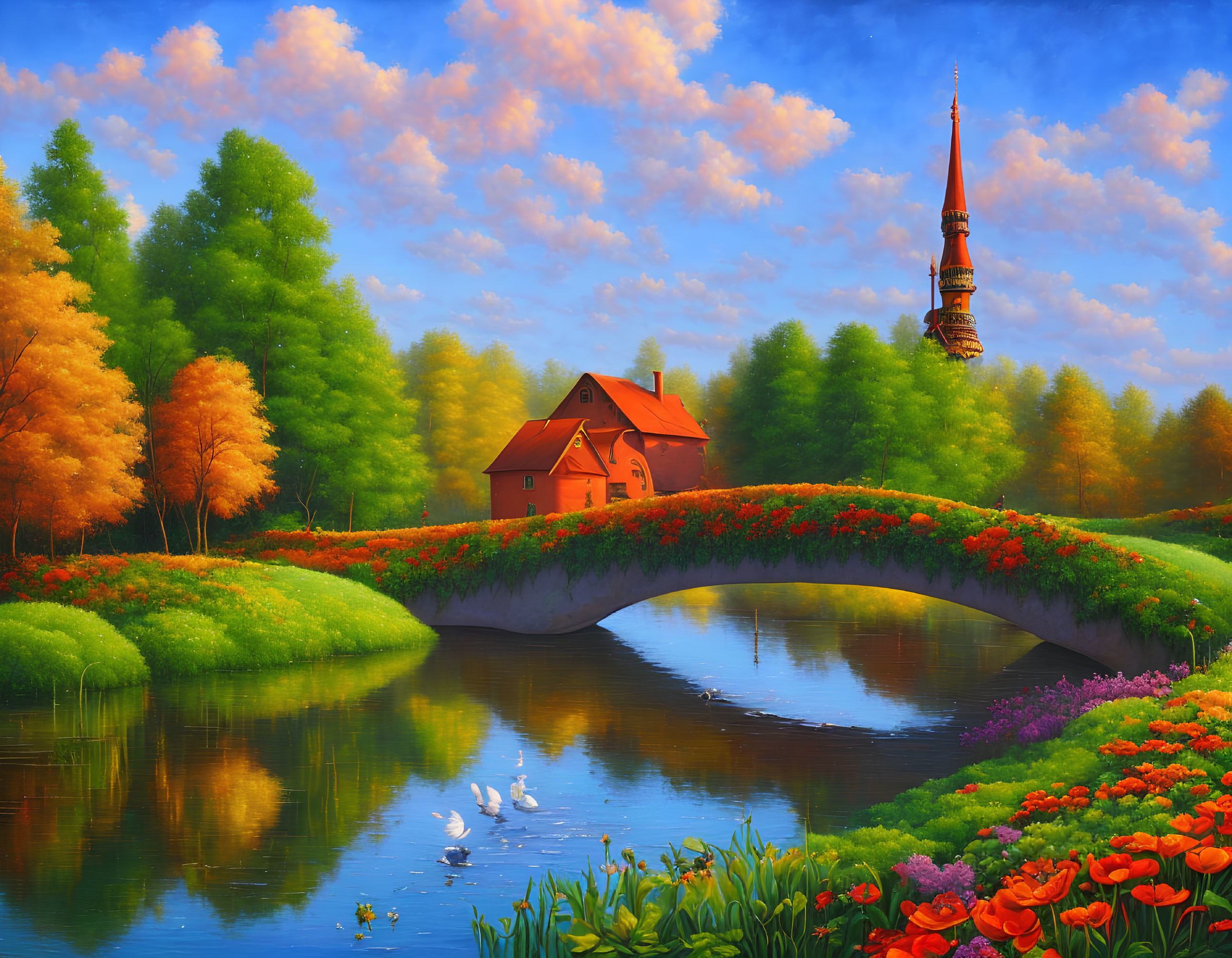 Tranquil river scene with stone bridge, house, spire, trees, flowers, and sw