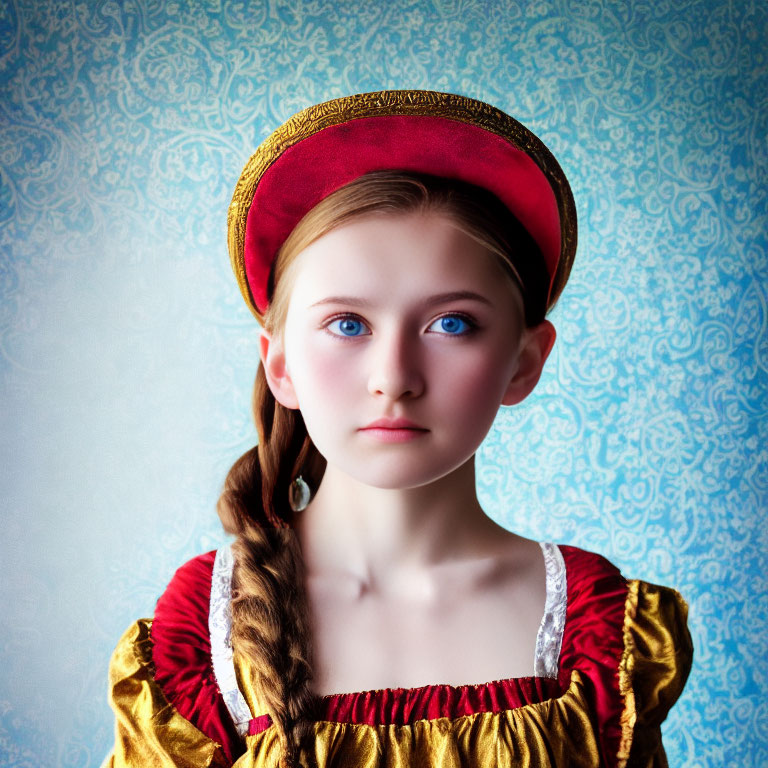 Young girl in red and gold Renaissance dress with blue eyes on patterned background
