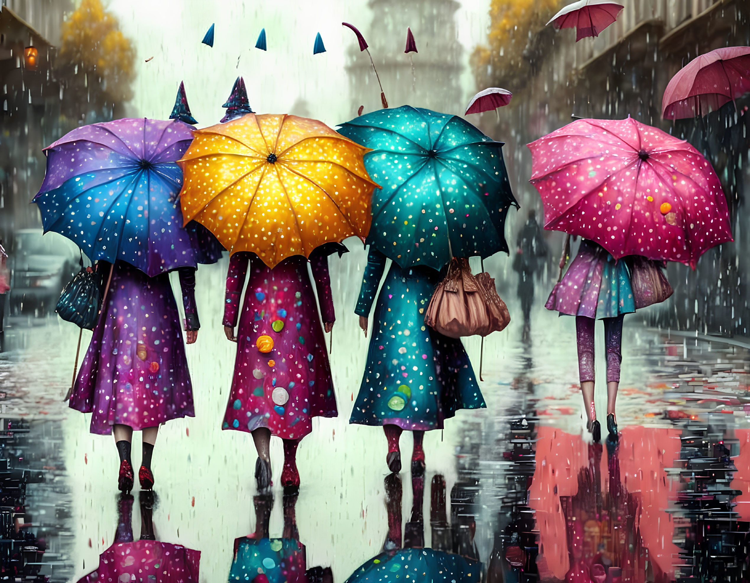 Colorful umbrellas walking on wet street in heavy rain