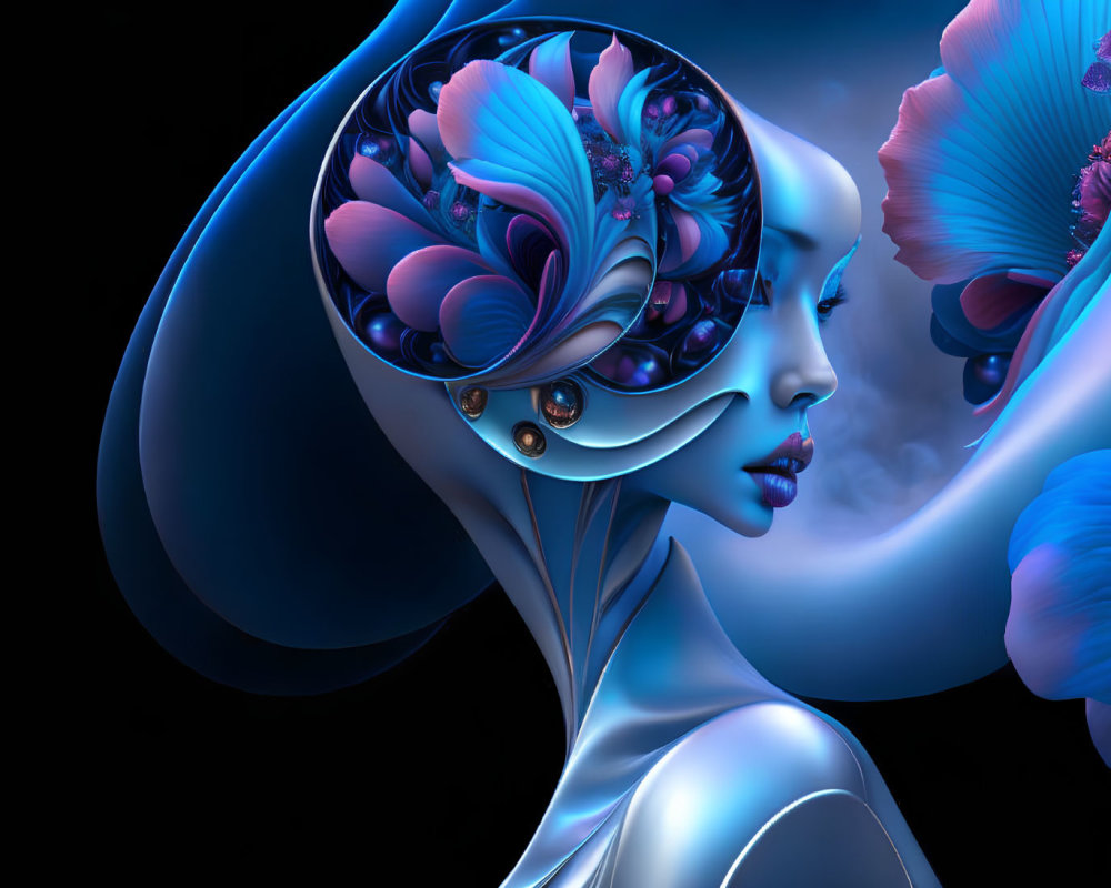 Surreal digital artwork of female figure with blue headpiece on dark background