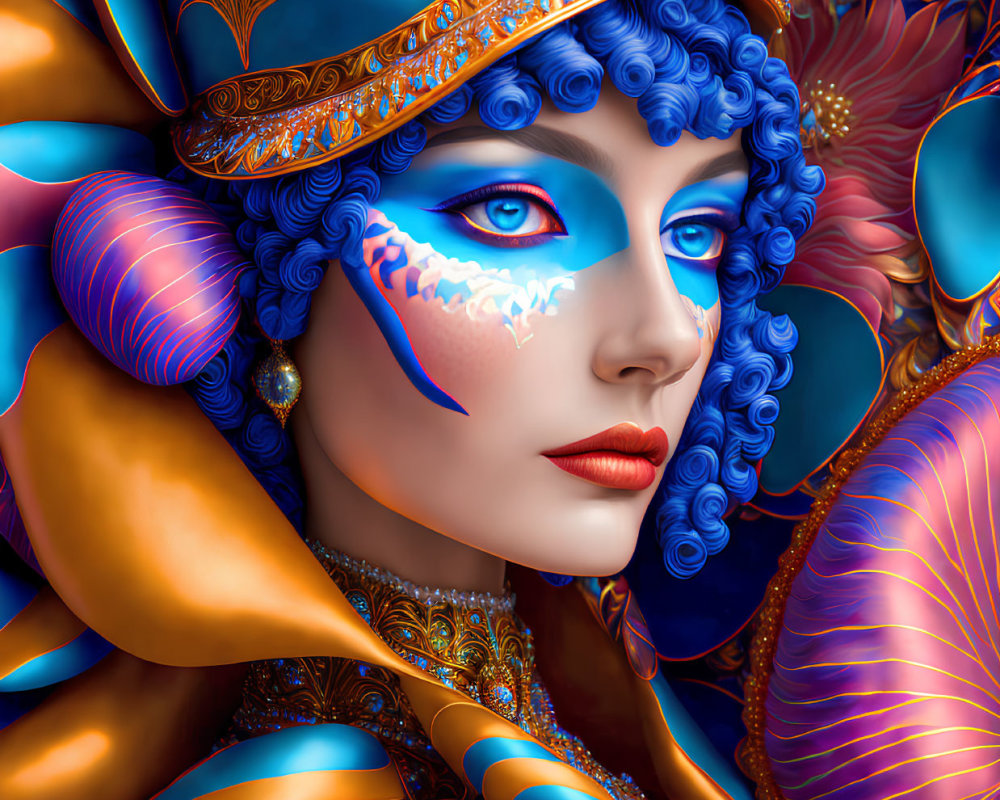Detailed digital portrait of a woman with blue skin, eyes, and hair, wearing a gold and blue
